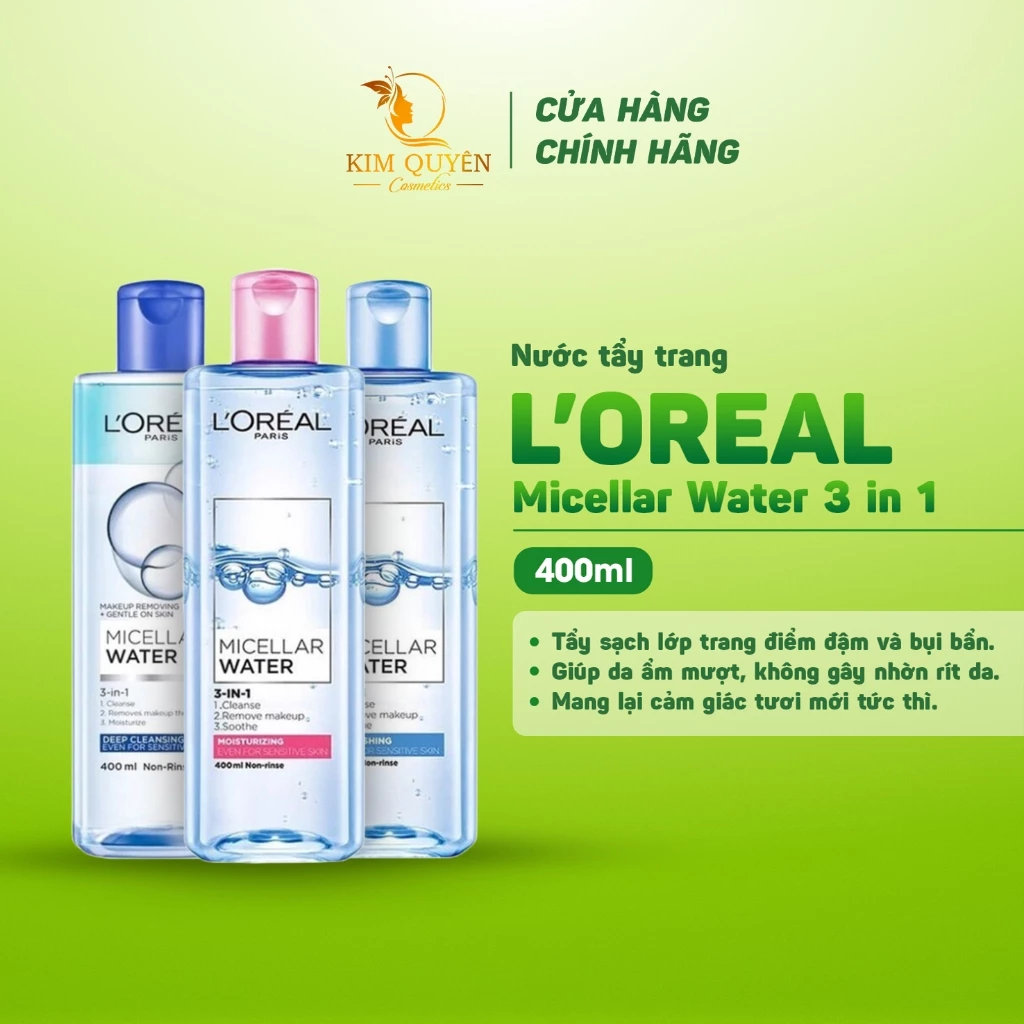 Nước tẩy trang cho mọi loại da Loreal Paris 3in1 Micellar Water 400ml