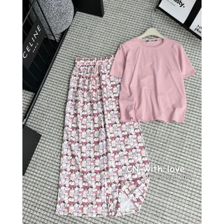 Sét áo phông hồng+quần suông họa tiết
