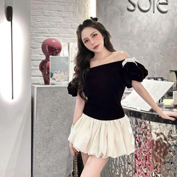 Set áo nhung trễ vai KBI BOUTIQUE kèm nơ xinh phối váy bí tôn eo siêu xinh dành cho nữ đi chơi dễ thương VD4