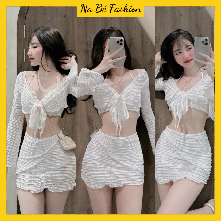 (Có ảnh thật) Set đồ nữ đi biển - Set bikini đi biển 3 món sexy áo bra 2 dây kèm chân váy ôm body phong cách Hàn Quốc