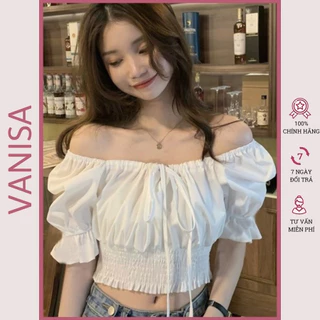 Áo croptop trễ vai kiểu nữ hở vai tay bồng voan trắng xanh VANISA CT065