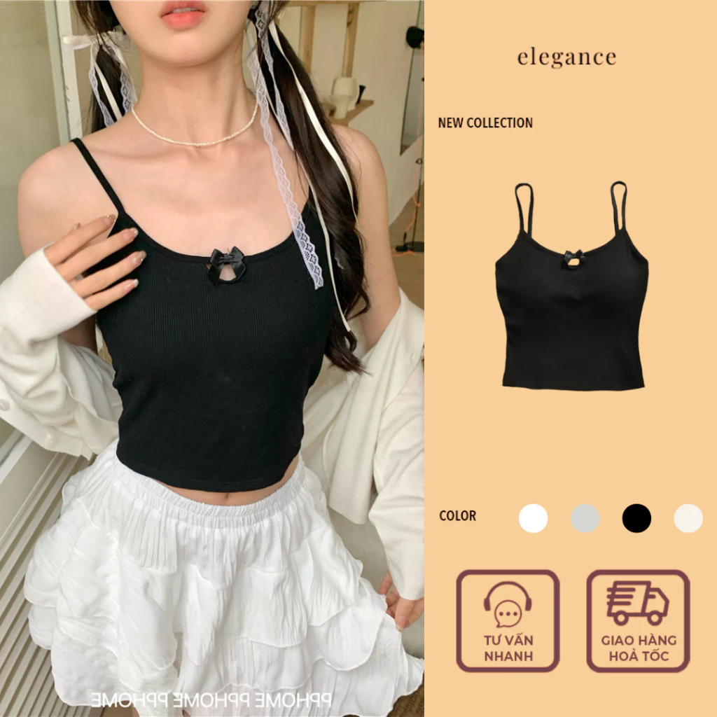 [HỎA TỐC] Áo hai dây croptop đính nơ sẵn đệm ngực co giãn ôm body tôn dáng thời trang mùa hè siêu hot