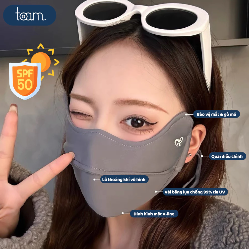 Khẩu trang chống tia UV chính hãng TOAM UPF 50+ băng lụa mát mẻ, thiết kế ôm toàn mặt bảo vệ gò má tránh tàn nhang