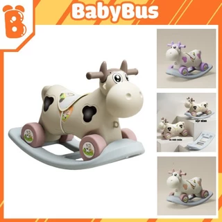 Ngựa bập bênh hình bò sữa 2 in 1 vừa bập bênh vừa xe chòi chân có nhạc và đèn BABYBUS