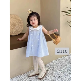 Q110 Váy xanh cổ trắng 6 khuy tiểu thư cho bé 8-26kg