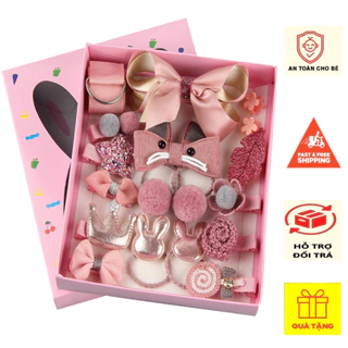 Hộp quà tặng , Set 18 phụ kiện nơ kẹp tóc phong cách Hàn Quốc cho bé- kèm hộp màu hồng- Quà tặng cho bé yêu BQ003