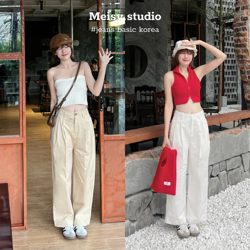Quần dài nữ suông mềm ống rộng cạp lưng cao chất thô mềm có chiết ly màu trắng, nâu phong cách Hàn Quốc Meisy