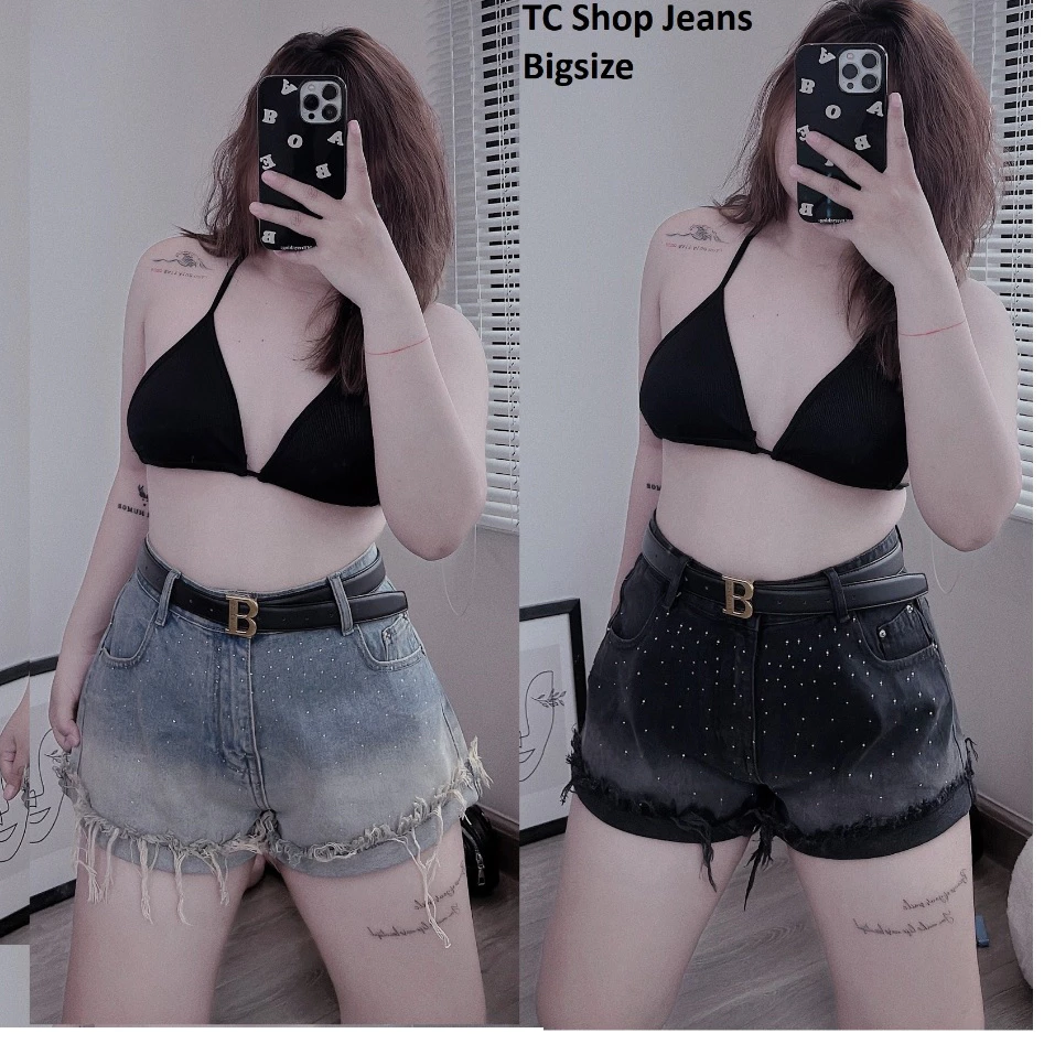 [ TCshopjean ]Quần Short Jeans Nữ Bigsize Đính Đá Bling Loang Màu Đen Và Xanh Cao Cấp Lưng Cao Ống Rộng QCCC 02