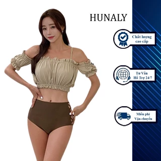 Bikini 2 mảnh cho nữ đi biển áo trễ vai nhún bèo có mút quần cạp cao đan dây eo kiểu Hàn Quốc 22182 E-4