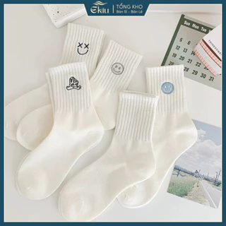 Tất vớ nam nữ màu trắng họa tiết thêu nhỏ xinh đơn giản nhẹ nhàng, chất liệu cotton co giãn thoáng khí - Ekiu Shop