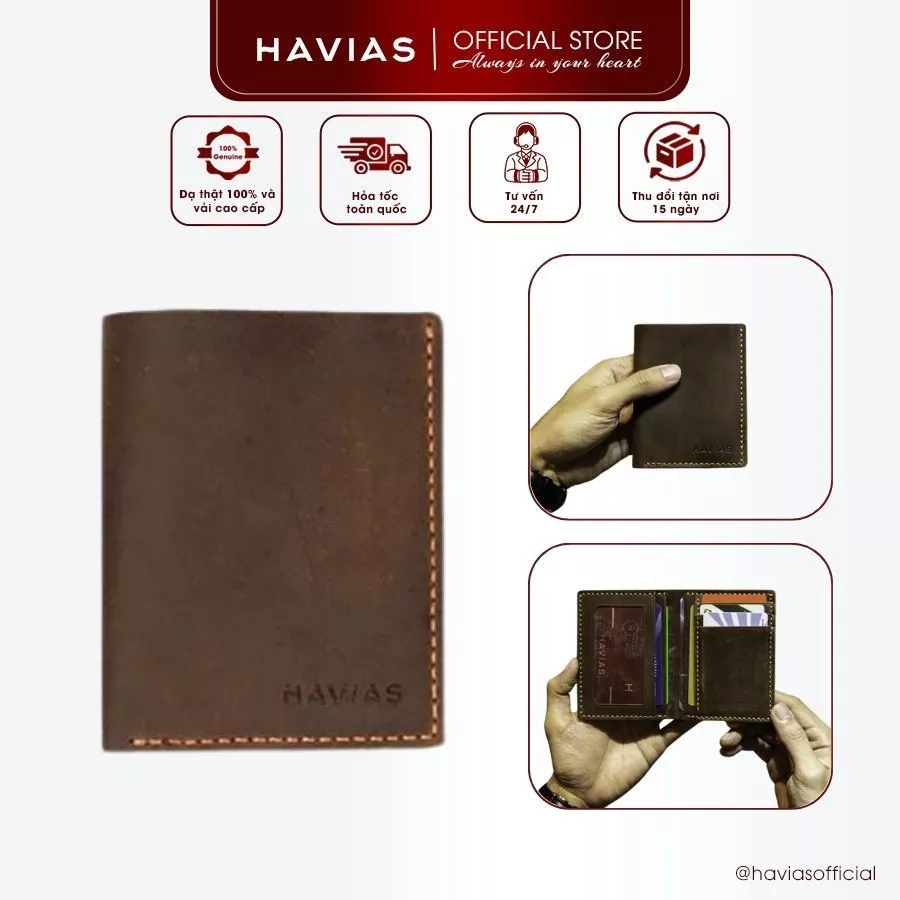 Ví Da Nam HAVIAS Da Bò Nâu Sáp thật 100% dáng đứng unisex thủ công VENUMI