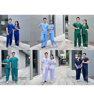 Bộ Scrubs bác sĩ cao cấp màu XANH cho nam nữ cổ tim - Quần áo Blu phẫu thuật, Đồng phục Spa