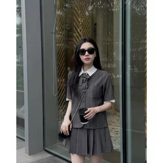 BASIC.CHIC Set áo vest phối cổ nơ + chân váy xếp ly siêu xinh ( đệm vai + cúc bọc )