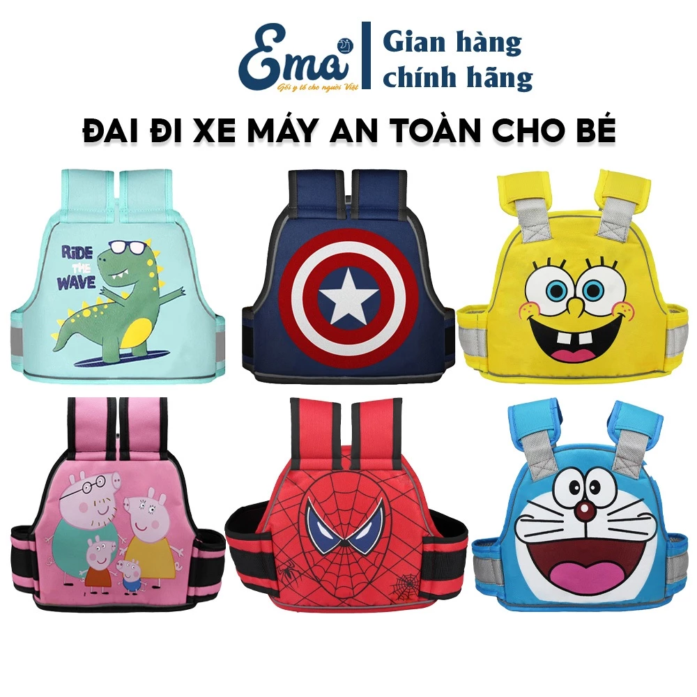 Đai đi xe máy an toàn cho bé (từ 1 đến 10 tuổi) Ema, có phản quang, thoáng khí, chắc chắn