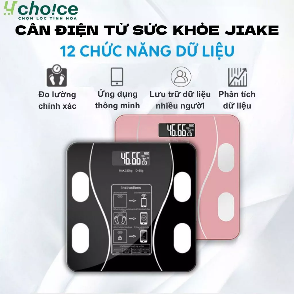 Cân điện tử sức khỏe JIAKE đo lường chính xác, phân tích 12 dữ liệu và lưu trữ qua ứng dụng.