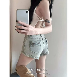 Quần Short Jean Lưng Cao Ống Rộng, quần đùi nữ lưng cao mix khoá kéo siêu cá tính N85