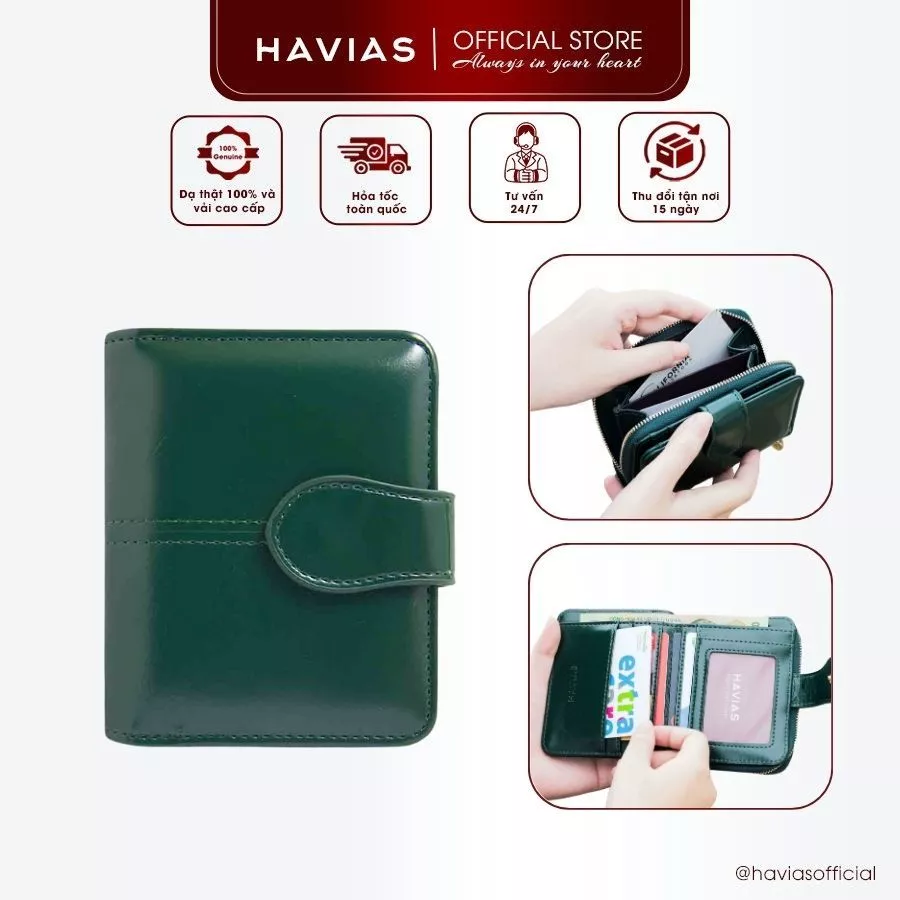 Ví Da Gấp Ngang HAVIAS Da Bò thật Nappa unisex kết hợp khoá ẩn Zipped LOM