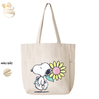 Túi Tote Canvas GINKO Unisex Có Dây Kéo Khóa ( túi con) Phong Cách Hàn Quốc In Hình Snoopy- Hoa