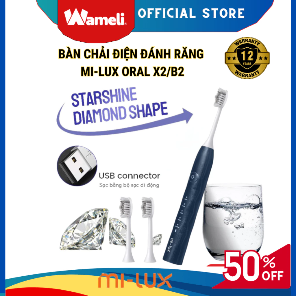 Bàn chải điện đánh răng Mi-Lux Oral X2/B2 dành cho người lớn, 5 chế độ chải, BH12 tháng wameli