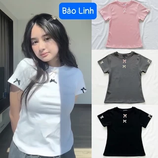 Áo Thun BABY TEE Nữ Bảo LInh Đính Nơ Cổ Tròn Chất Tăm Mát