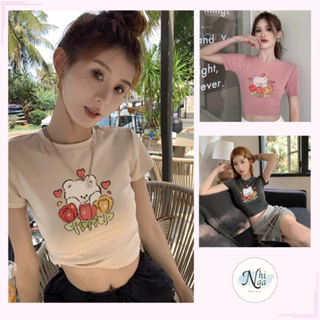 Áo Croptop Tay Ngắn NhiNaa Store Cổ Tròn In Hình Gấu Hoa Xinh Xắn A5961