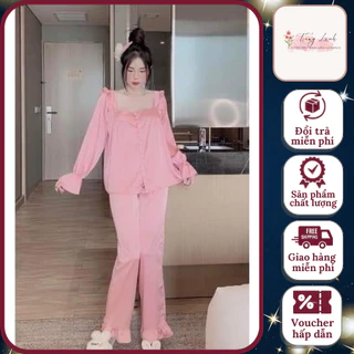 Set Đồ Bộ Pijama Cổ Vuông Chất Liệu Lụa Kate Đồ Bộ Mặc Nhà Tiểu Thư Tay Dài Bo Chun Chất Thoáng Mát Sang Xịn Mền Mịn