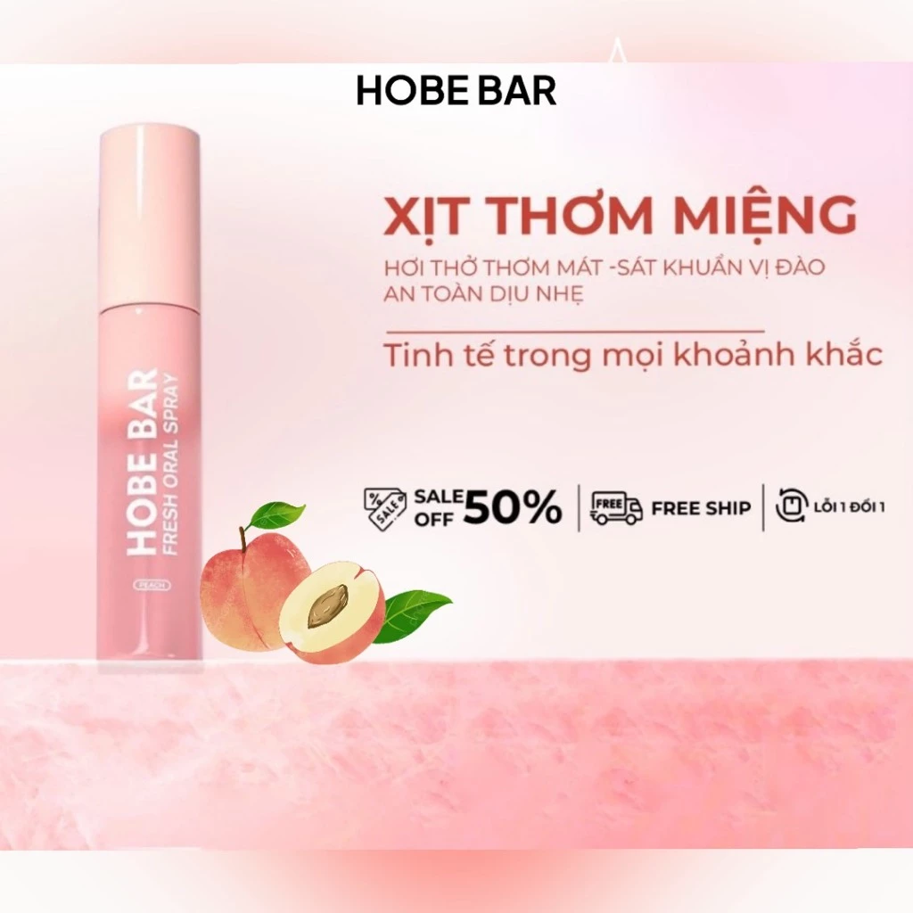 Xịt Thơm Miệng HOBEBAR Hương Đào Loại Bỏ Vi Khuẩn Gây Hôi Miệng Không Chất Bảo Quản Giữ Mùi Lâu 20ml