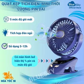 Quạt Kẹp Tích Điện Để Bàn Mini Thế Hệ Mới Pin Siêu Trâu Dùng 12 Giờ 5 Tốc Độ Gió Tích Hợp Đèn Ngủ Và Màn Hình Led