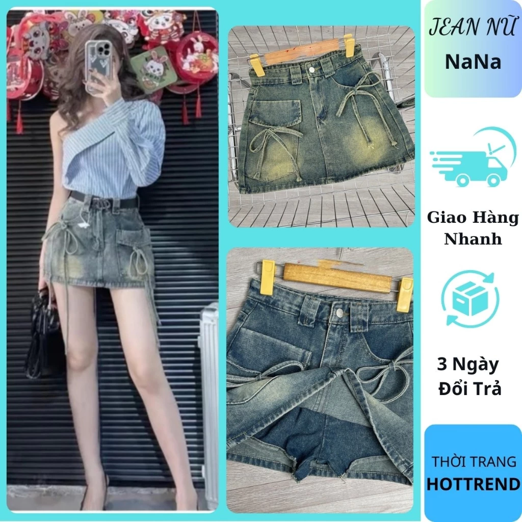 Chân váy jean bò nữ thắt nơ cao cấp màu xanh bụi chất vải mềm mại loại 1 phối đồ siêu xinh