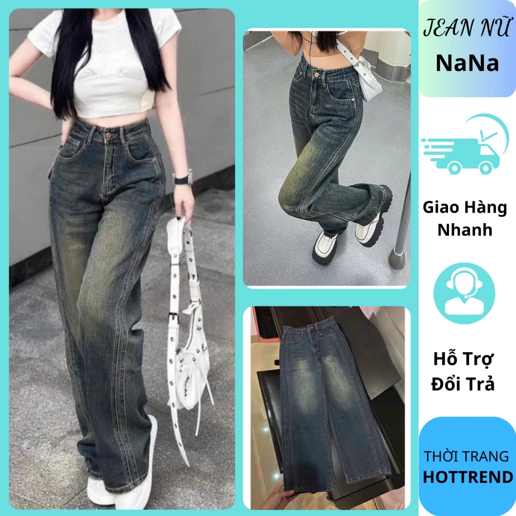 Quần jean nữ ống suông có sọc 2 bên sườn cạp  màu xanh bụi chất vải mềm mại hottrend 2024