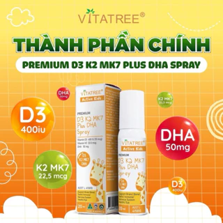 Xịt Vitatree D3 K2 MK7 Plus DHA Spray giúp hấp thu canxi hiệu quả,xương và răng chắc khoẻ, phát triển trí não. lọ 20ml