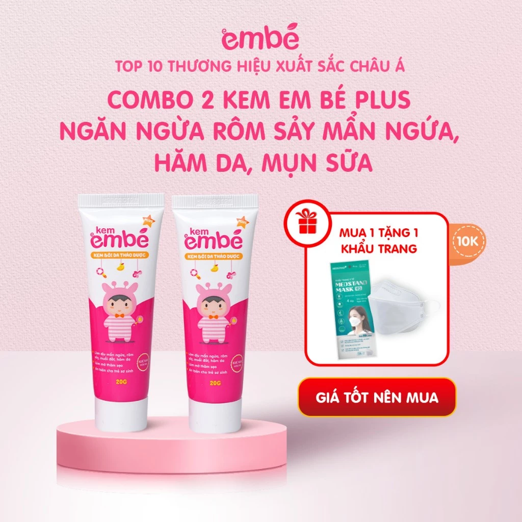 Combo 2 Kem Em Bé Plus bôi da thảo dược cho bé khi bị rôm sảy, mẩn ngứa, hăm da, muỗi đốt (Kem embe Plus tuýp 20g)