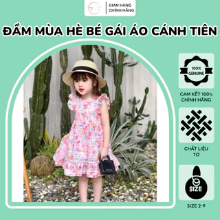 Đầm mùa hè bé gái áo cánh tiên chất tơ mềm in hoa, Váy cộc tay bé gái dáng dài viền bèo thắt nơ lưng phong cách tiểu thư