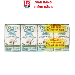 Lốc 4 hộp Sữa tươi tiệt trùng có đường Kun 100% Sữa tươi 110ml