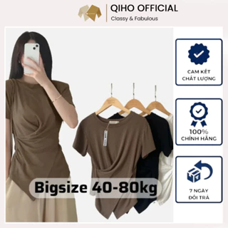 Áo Thun Nhún Xoắn Eo Cổ Tròn Qiho Official BigSize , Áo Cộc Tay BigSize Vạt Chéo