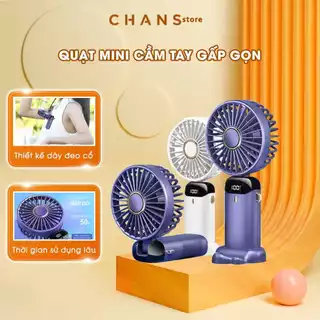 Quạt Mini Cầm Tay Tích Điện Pin Sạc 4000 mAh 5 Tốc Độ Gió Có Dây Đeo Cổ, Đèn Led Hiển Thị Pin Xoay Linh Hoạt 90 Độ