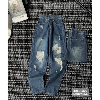 Quần baggy jean nữ lưng cao, Quần bò rách bụi cá tính