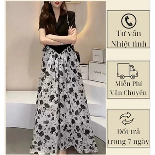 Đầm maxi họa tiết cổ vest phối lụa sang chảnh A1688