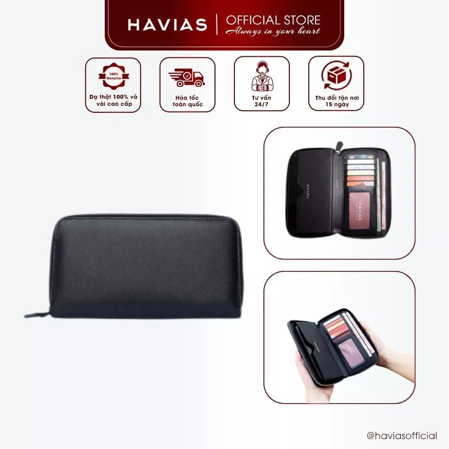 Ví Dài HAVIAS Da Bò nhập khẩu gập đôi có khóa kéo ví da nam nữ BOX