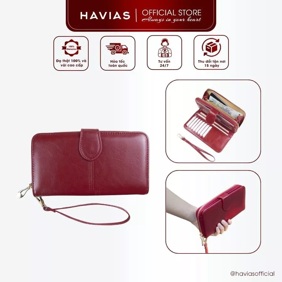 LIP HAVIAS bóp dài cầm tay có khoá kéo tiện lợi da bò Nappa thật 100%