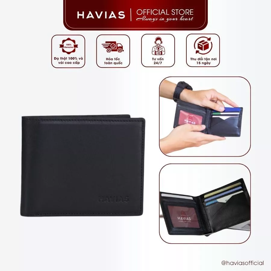 Ví Da Ngang HAVIAS Da Bò thật Crossgrain cao cấp gập đôi ngăn ảnh ZICA