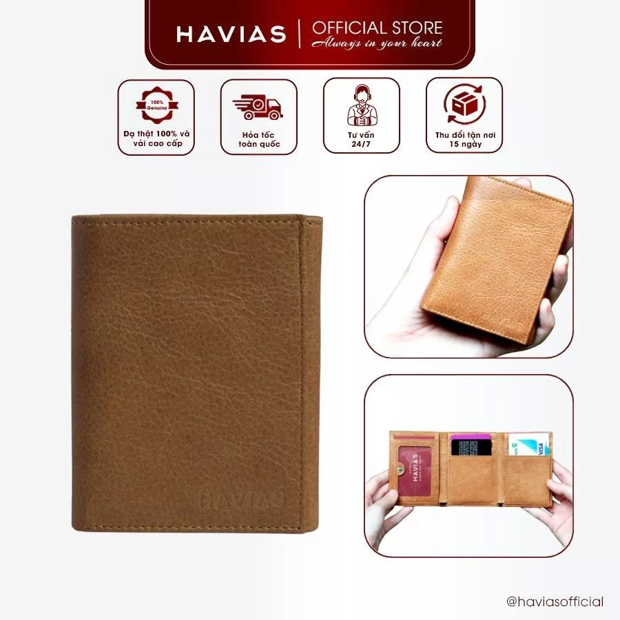 Ví Gấp Mini HAVIAS Da Bò Vachetta nhập khẩu ví da nam nữ NOTE