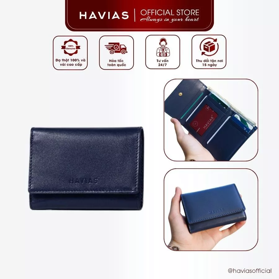 HEART3 HAVIAS ví mini thiết kế 3 gấp siêu mỏng da bò Vachetta Premium nhập khẩu