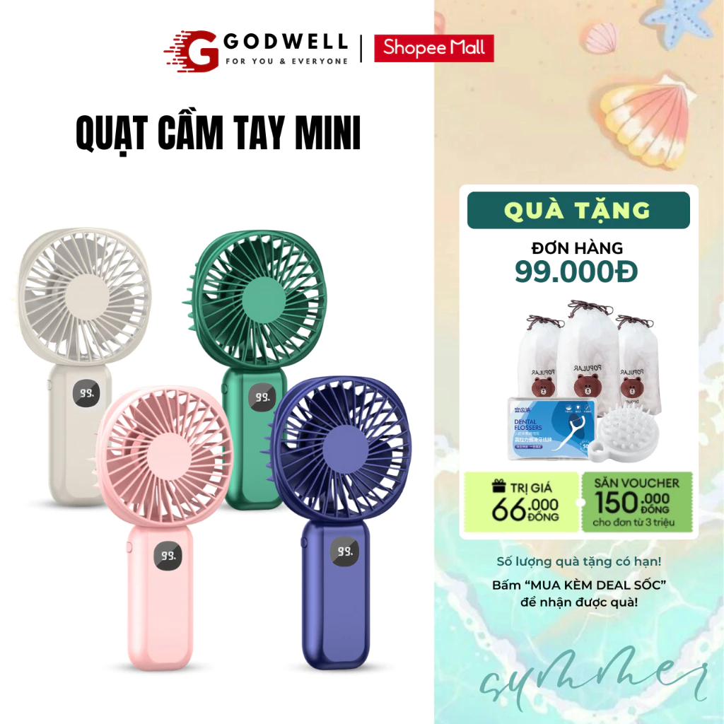 Quạt cầm tay mini GODWELL tích hợp đèn pin và sạc dự phòng 3 trong 1 tiện lợi 4000mAh làm mát tức thì