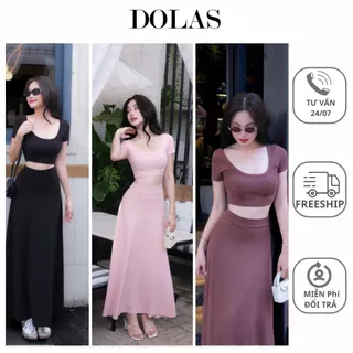 Set Đồ  Áo Croptop Tay Ngắn Cổ U Mix Chân Váy Dáng Xòe Dài Tôn Dáng Siêu Nữ Tính