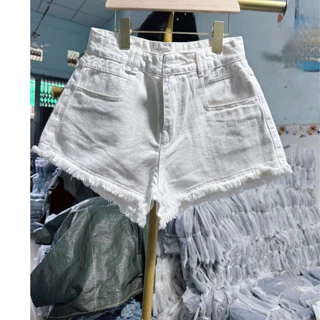 Quần short jean nữ lai tua lưng cao, Quần đùi nữ chất denim mềm không co dãn