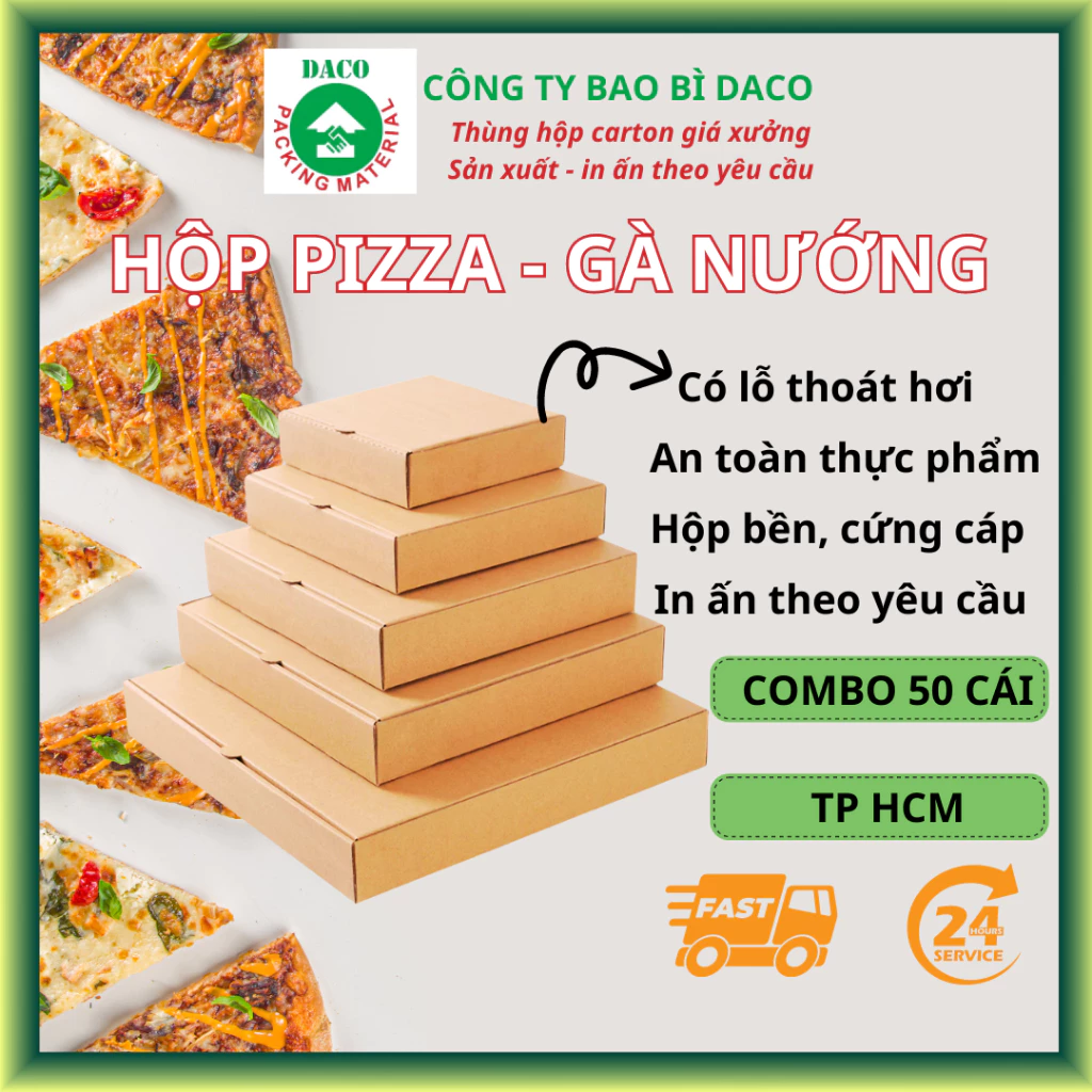 [50 HỘP PIZZA] - Đựng Bánh Pizza Chuyên nghiệp, Đồ ăn vặt, Bánh, Mẹt Gà, Vịt Có Lỗ Thoát Hơi đủ Size