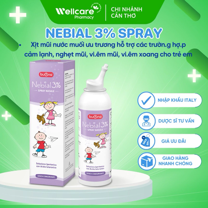 Xịt mũi nước muối ưu trương Nebial 3% Spray [Chính hãng] - giảm nhanh nghẹt mũi, sổ mũi cho trẻ em