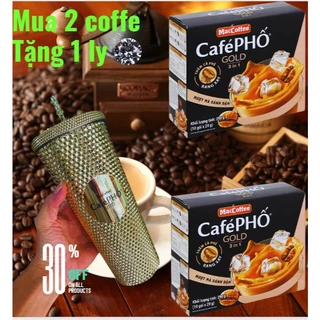 Cafe phố gold 3in1, Ly cafe phố màu vàng , combo 2 gói cafe tặng kèm ly kim cương