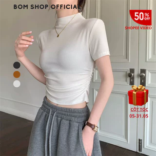 Áo Thun Nữ Cổ Lọ Ôm Body Nhún Eo Co Giãn Chất Tăm Lạnh, Áo Thun Tay Ngắn Sexy Quyến Rũ Tôn Dáng BOM SHOP A64